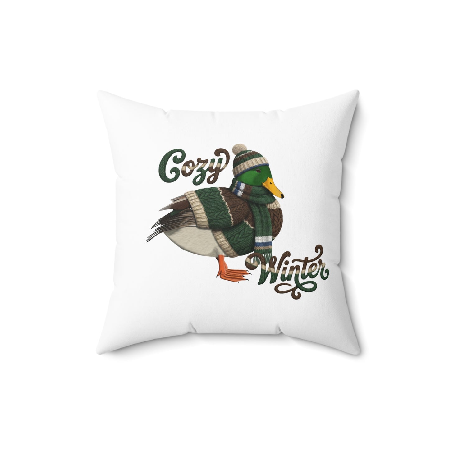 Ente Premium Deko-Kissen Cozy Winter – Beidseitig Bedrucktes Vogel-Motiv – Perfektes Geschenk für Vogelfreunde