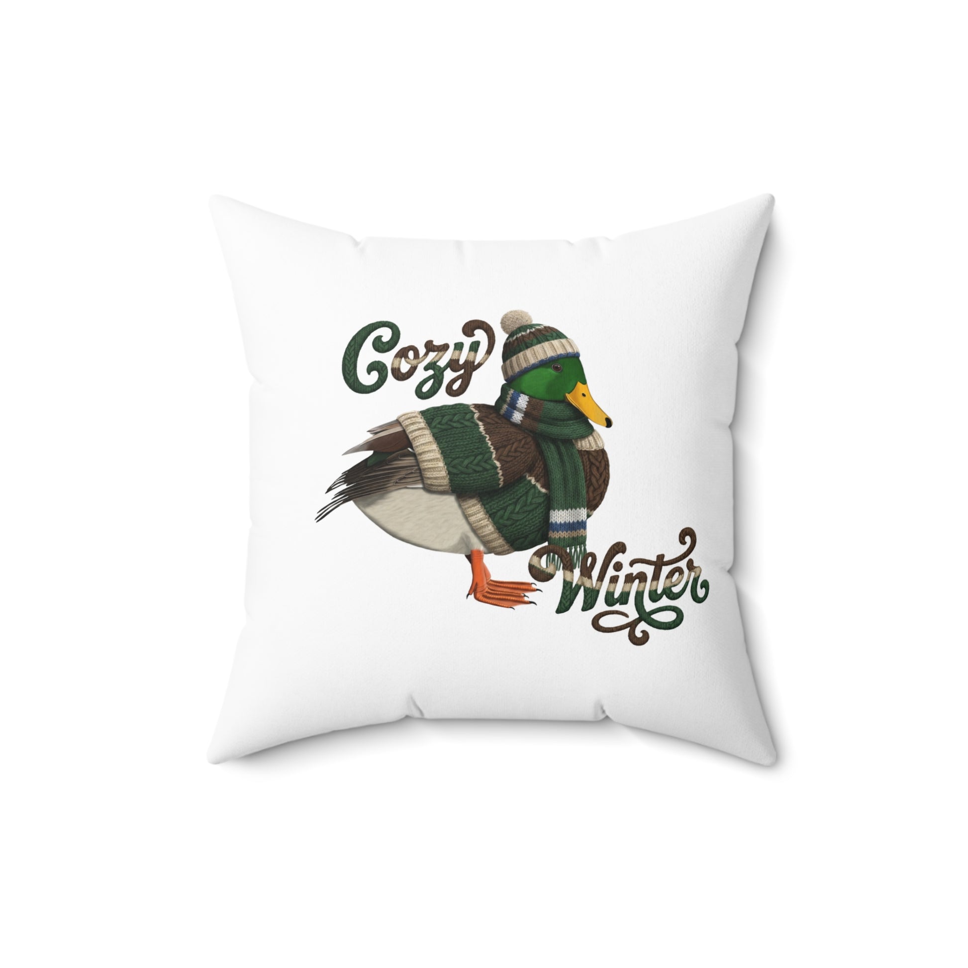 Ente Premium Deko-Kissen Cozy Winter – Beidseitig Bedrucktes Vogel-Motiv – Perfektes Geschenk für Vogelfreunde