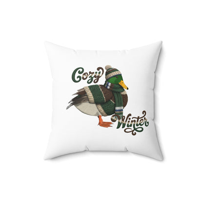 Ente Premium Deko-Kissen Cozy Winter – Beidseitig Bedrucktes Vogel-Motiv – Perfektes Geschenk für Vogelfreunde