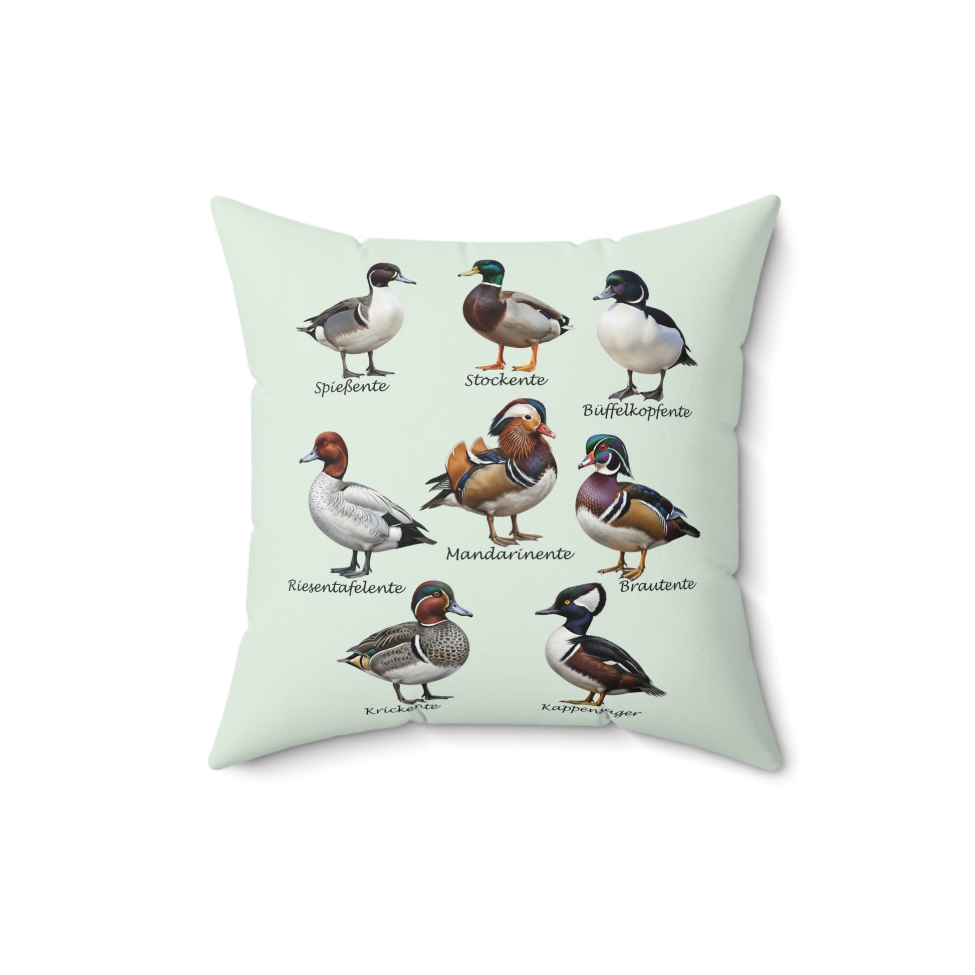 Enten Kissen in Salbeigrün | Stockente, Mandarinente Dekokissen 40x40 mit Vogelmotiv für dein Zuhause