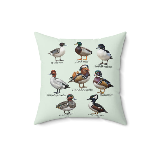 Enten Kissen in Salbeigrün | Stockente, Mandarinente Dekokissen 40x40 mit Vogelmotiv für dein Zuhause