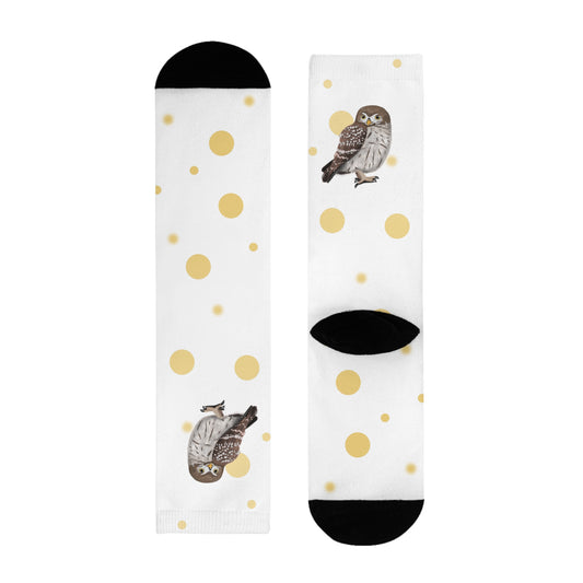Eule Vogel Socken mit Goldenen Punkten für Vogelfreunde & Vogelbeobachter Weiß