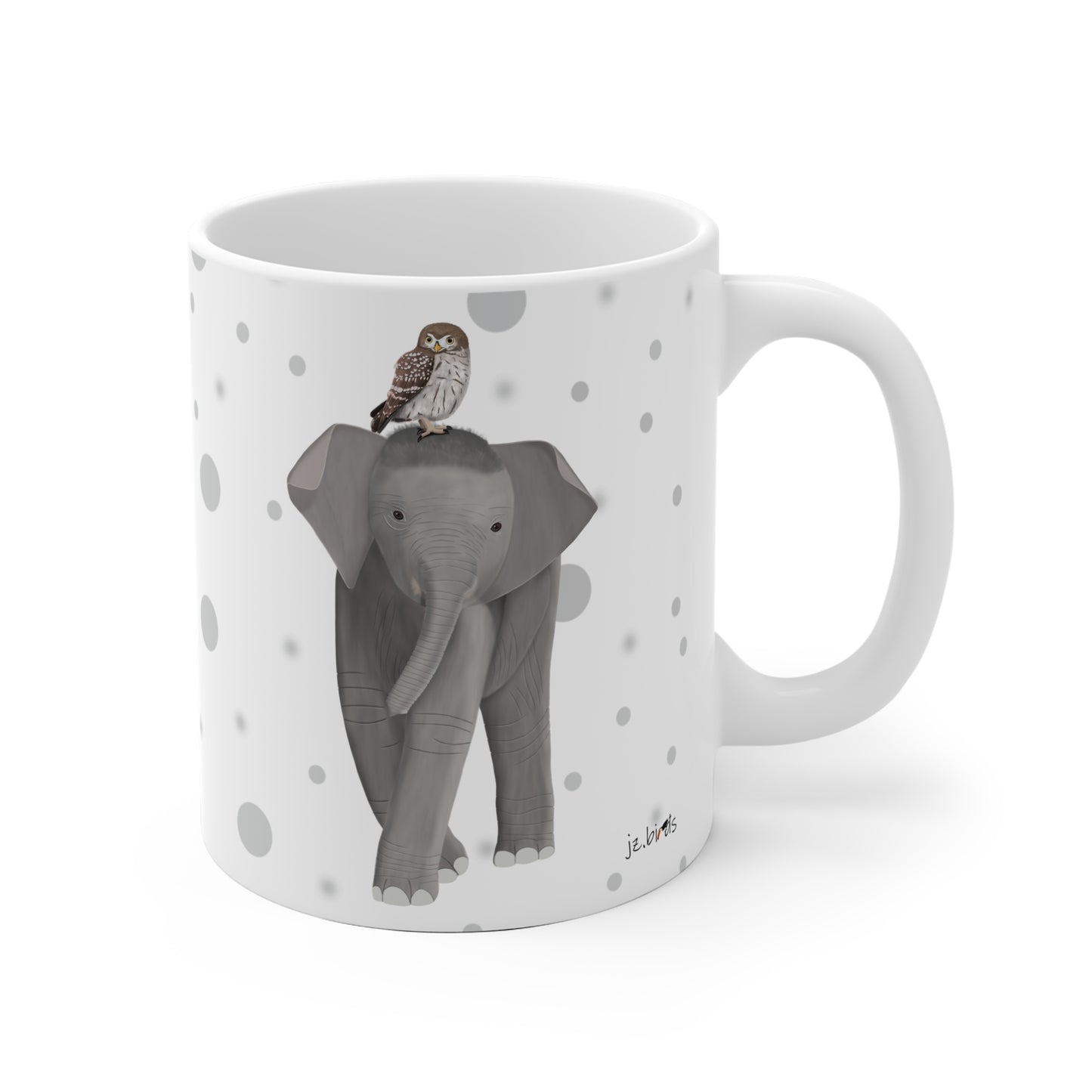 Eule auf einem Elefanten Vogel Tasse Punkte Grau
