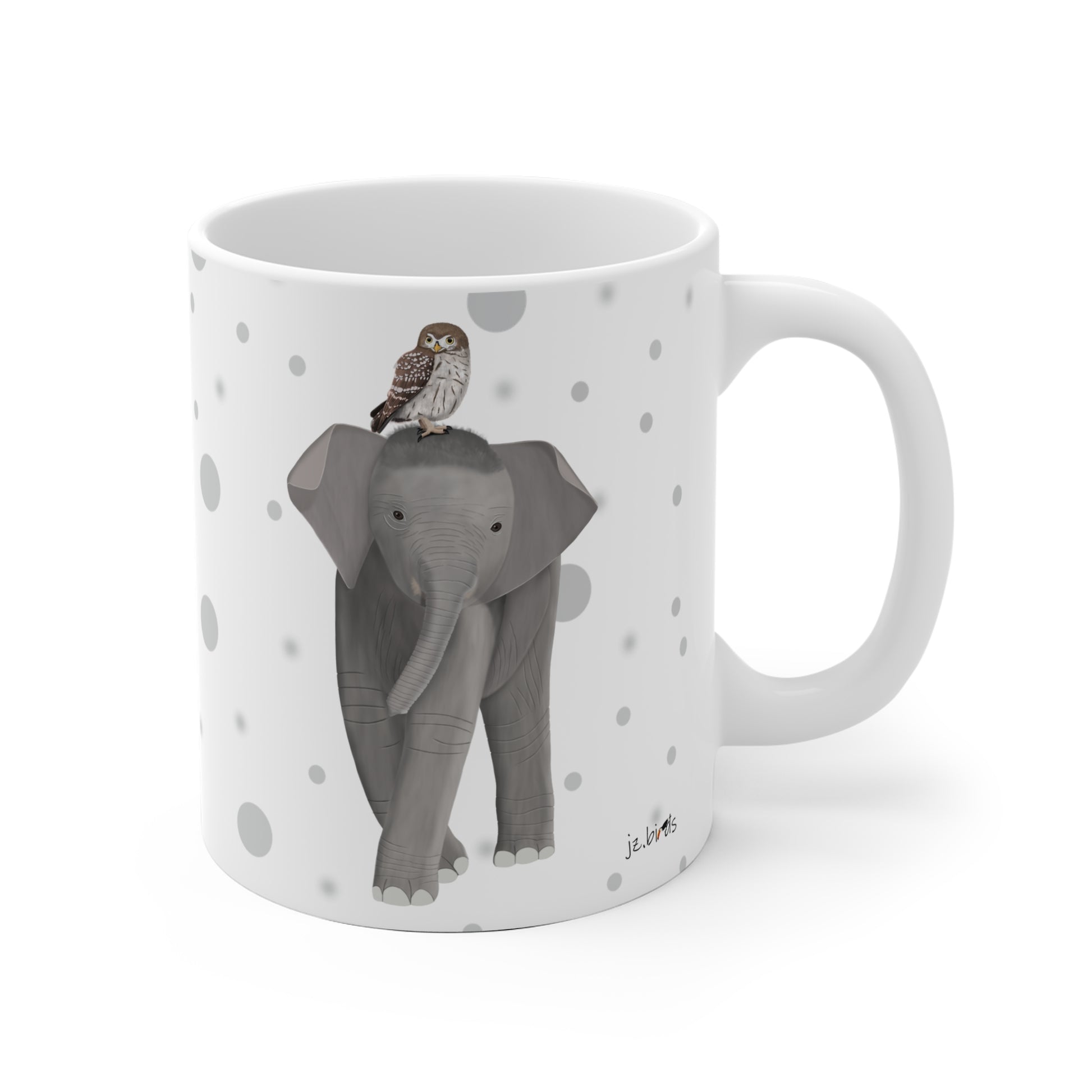 Eule auf einem Elefanten Vogel Tasse Punkte Grau