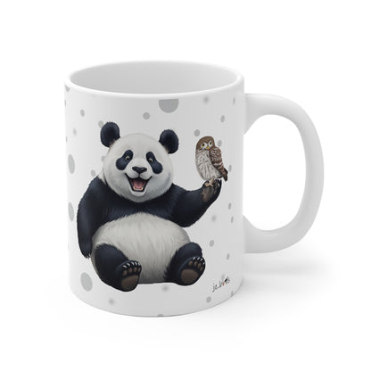 Eule mit einem fröhlichen Panda Vogel Tiermotiv Tasse Punkte Grau
