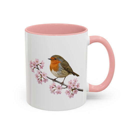 European Robin Cherry Blossom Mug | Pink Ceramic Coffee Cup for Bird Lovers