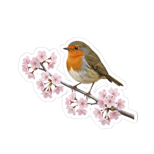 European Robin Cherry Blossom Sticker | Glossy Floral Bird Decal | Spring Laptop Sticker