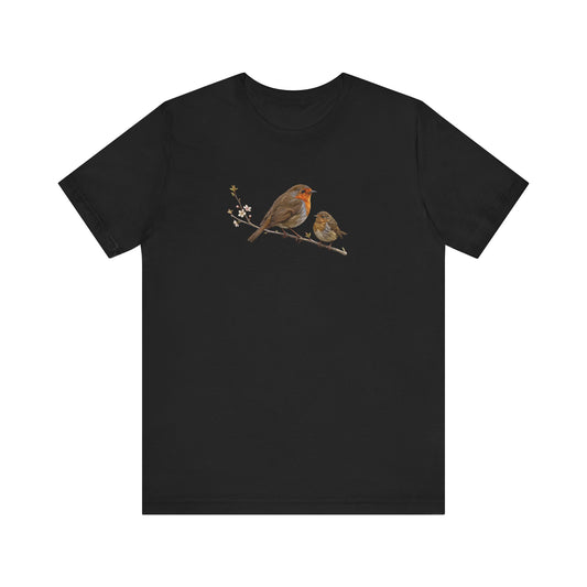 European Robin & Fledgling T-Shirt | Spring Blossoms Unisex Graphic Tee
