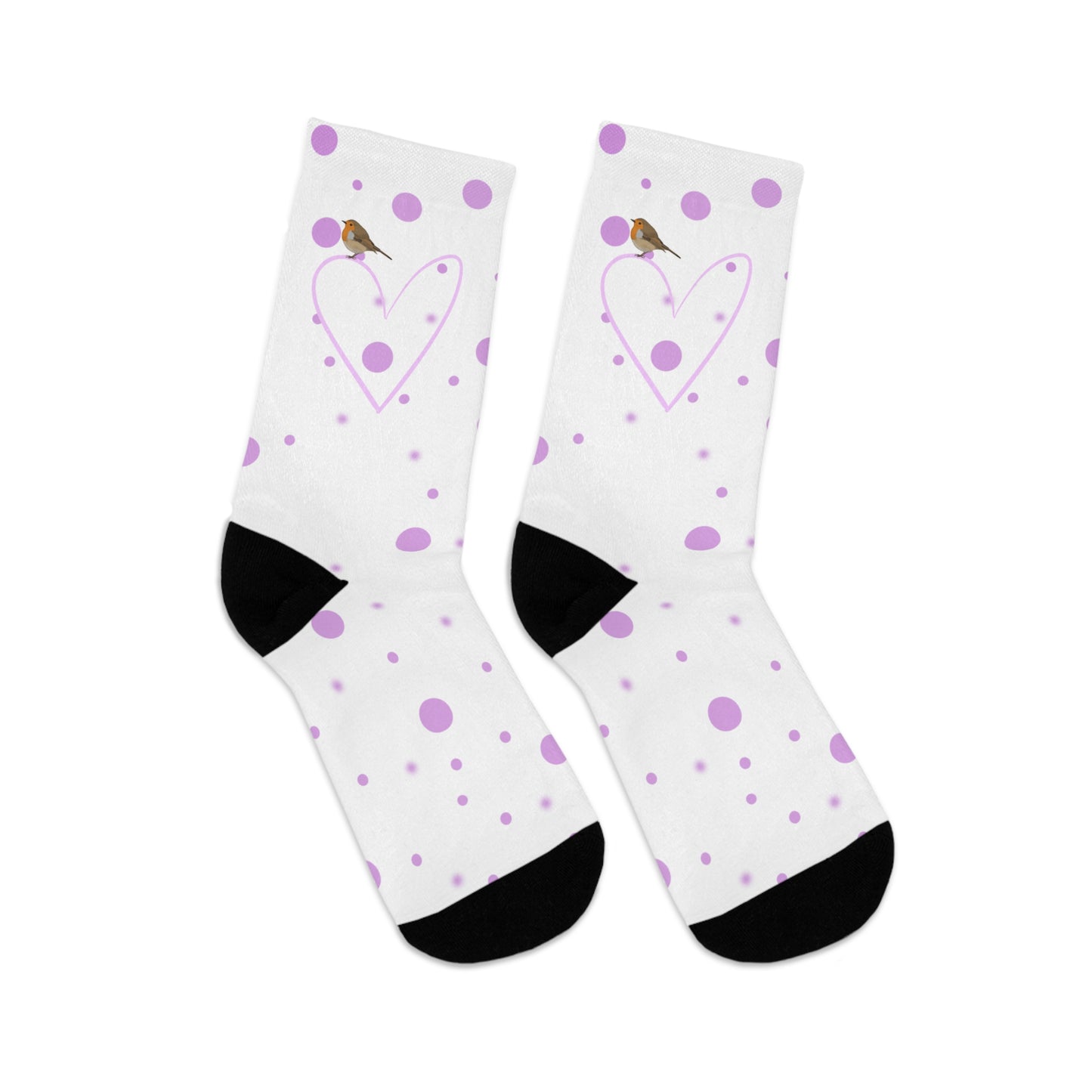 European Robin Valentine's Day Pink Heart and Dots Bird Socks White