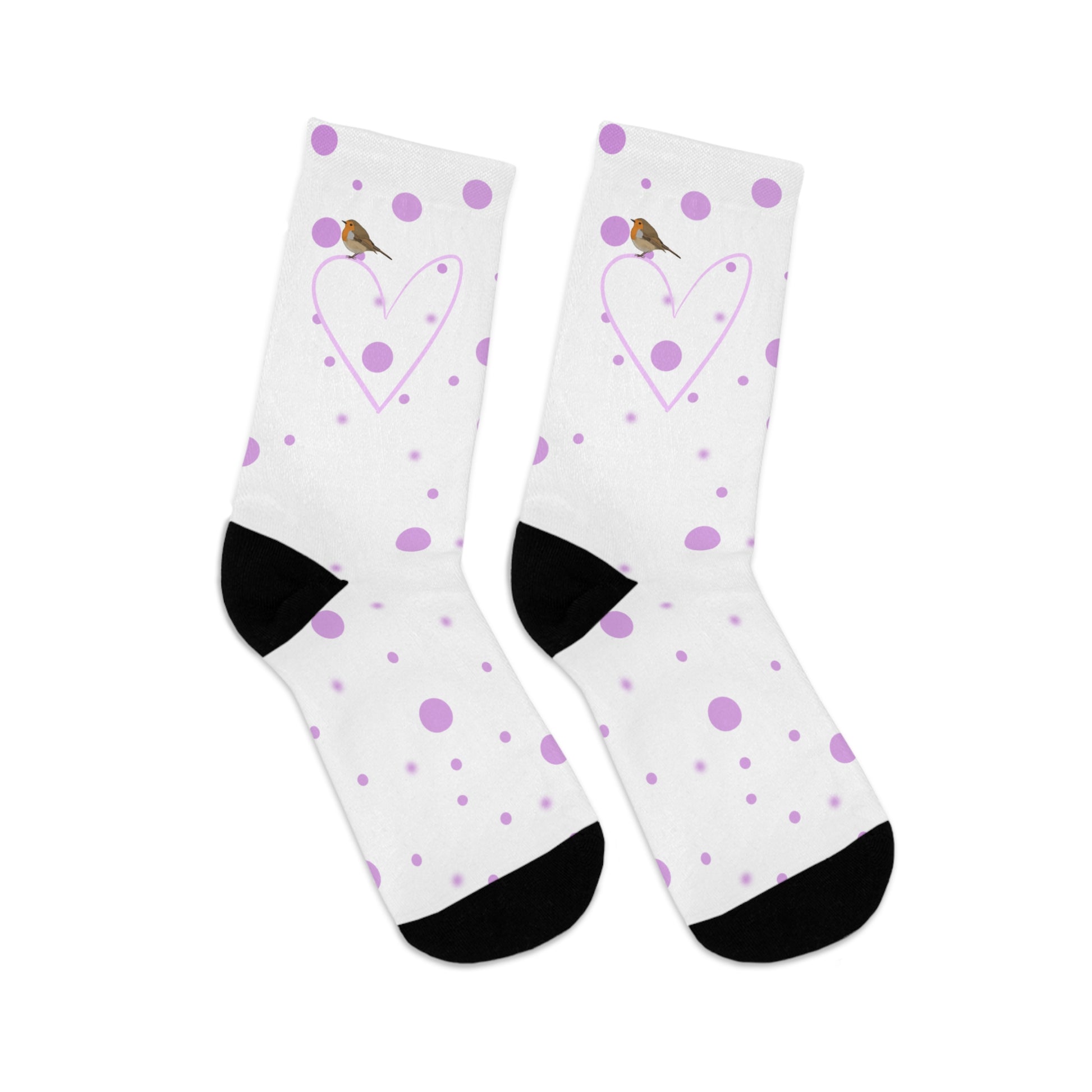 European Robin Valentine's Day Pink Heart and Dots Bird Socks White
