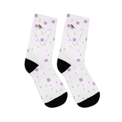 European Robin Valentine's Day Pink Heart and Dots Bird Socks White