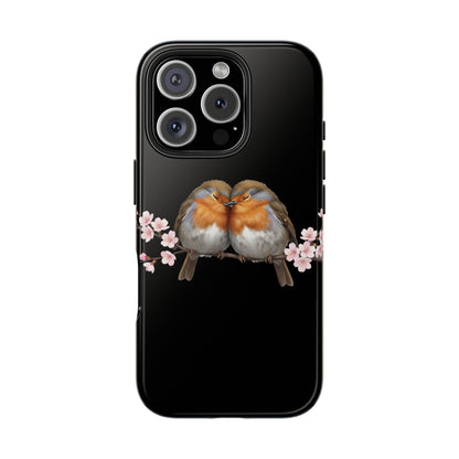 Phone case with two birds and flowers on a black background