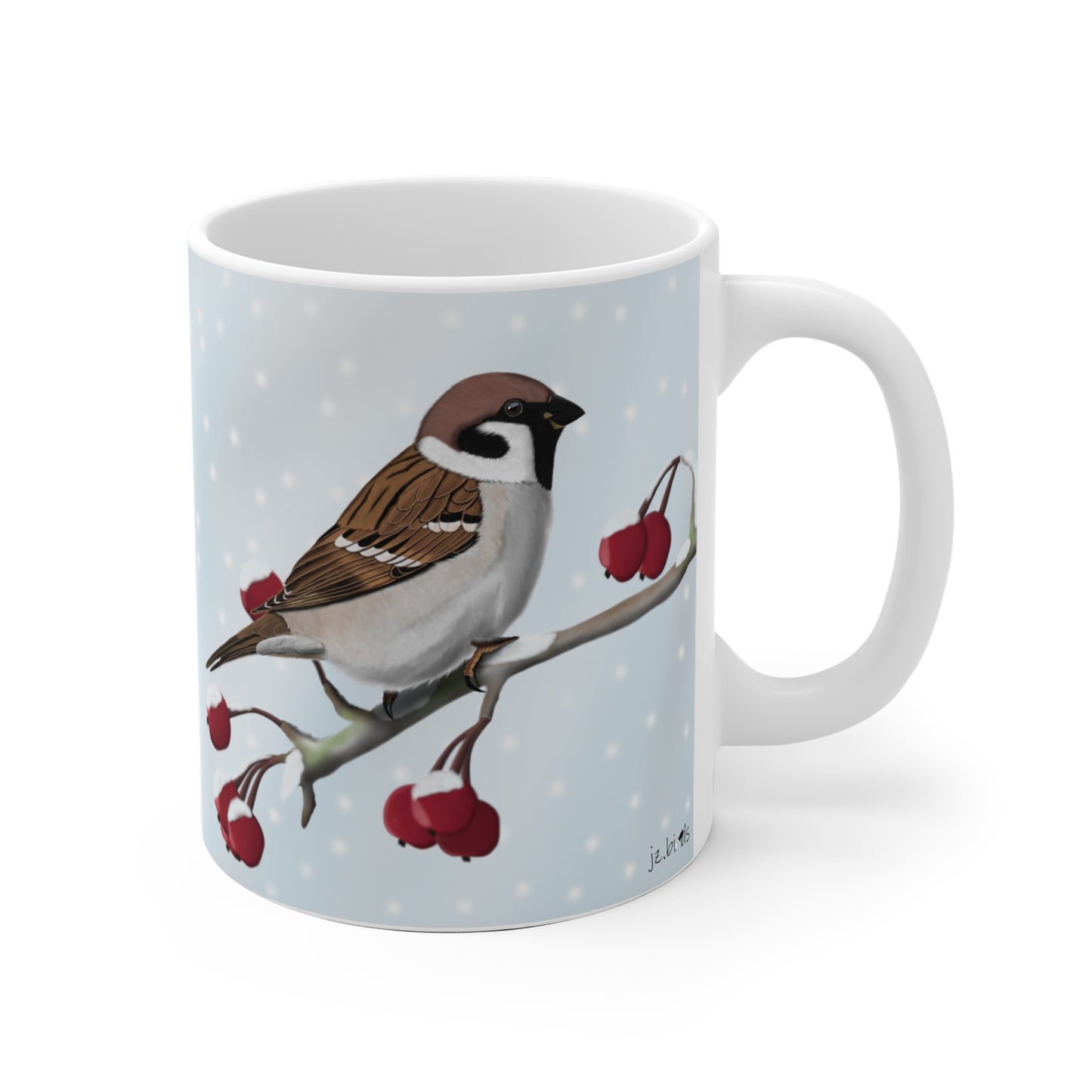 Feldsperling auf einem Ast im Winter Weihnachten Schnee Vogel Tasse