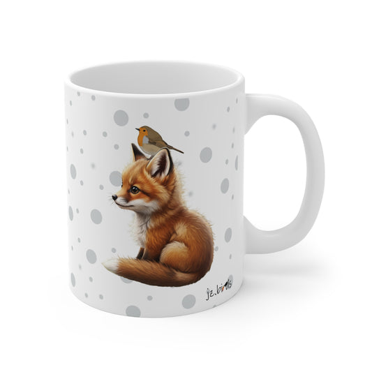 Fox Mug with European Robin for Animal Lovers & Bird Watchers 11oz