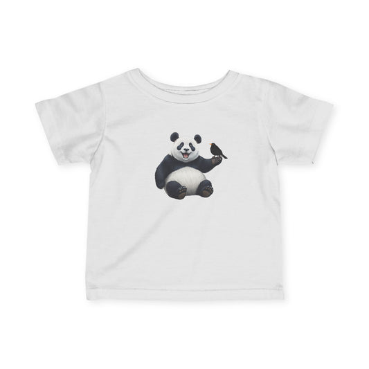 Fröhlicher Panda mit Amsel Vogel Tiermotiv T-Shirt für Babys und Kleinkinder
