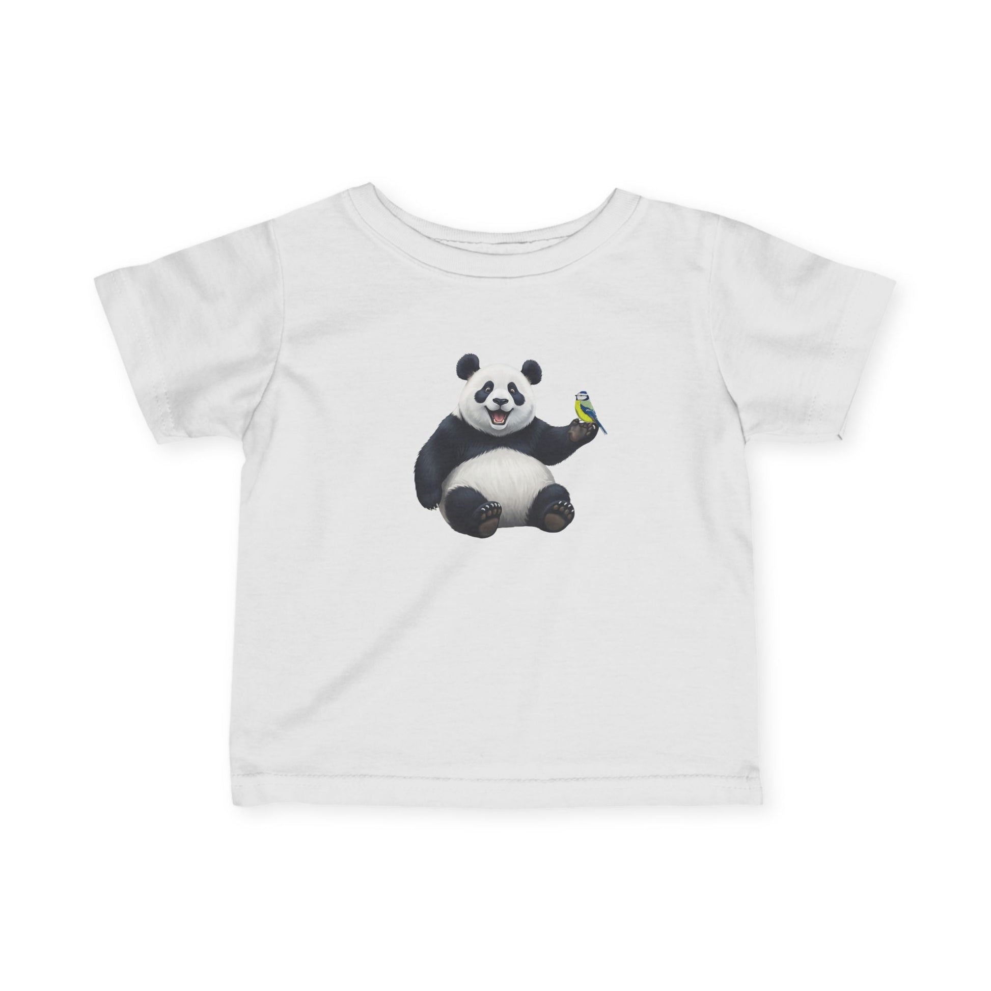 Fröhlicher Panda mit Blaumeise Vogel Tiermotiv T-Shirt für Babys und Kleinkinder