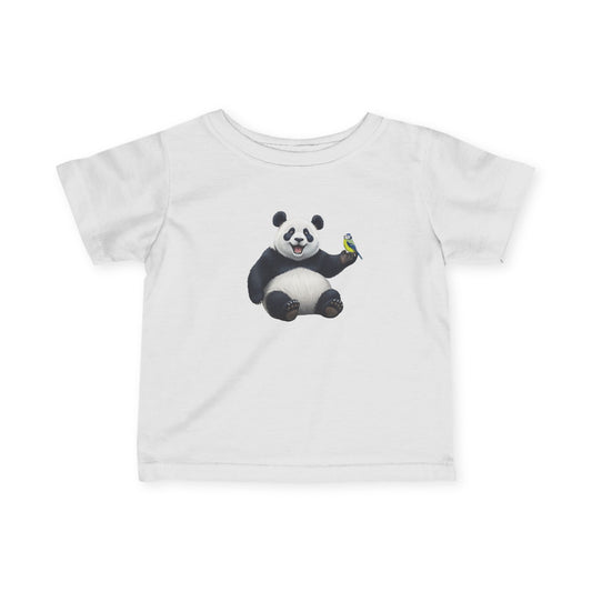 Fröhlicher Panda mit Blaumeise Vogel Tiermotiv T-Shirt für Babys und Kleinkinder