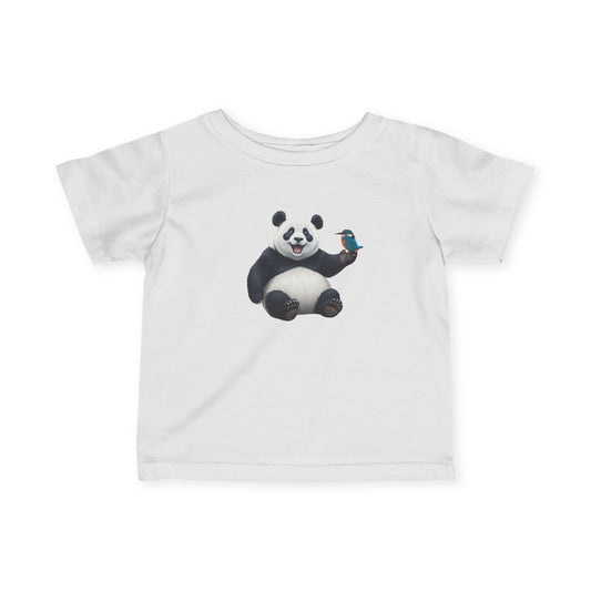Fröhlicher Panda mit Eisvogel Vogel Tiermotiv T-Shirt für Babys und Kleinkinder
