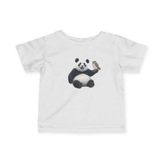 Fröhlicher Panda mit Eule Vogel Tiermotiv T-Shirt für Babys und Kleinkinder
