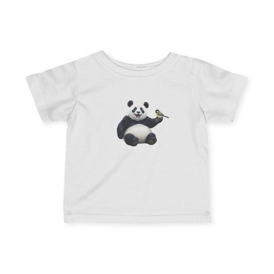 Fröhlicher Panda mit Kohlmeise Vogel Tiermotiv T-Shirt für Babys und Kleinkinder