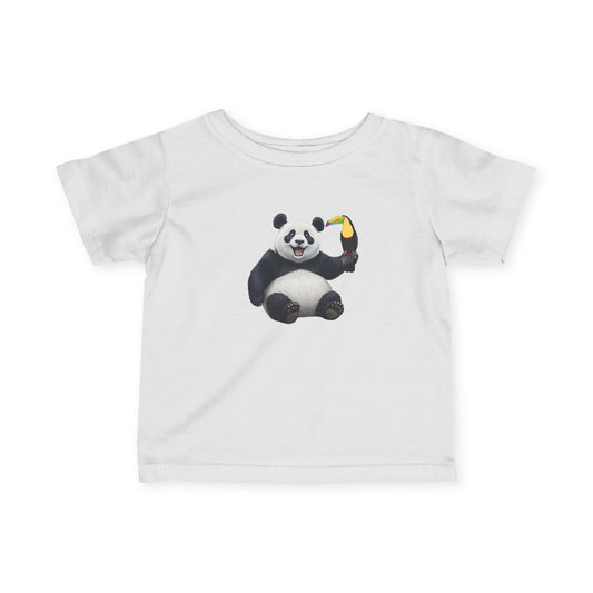 Fröhlicher Panda mit Tukan Vogel Tiermotiv T-Shirt für Babys und Kleinkinder