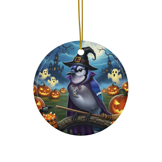 Funny Blue Jay Bird Halloween Ornament, Double-Sided Ceramic Decor for Spooky Season