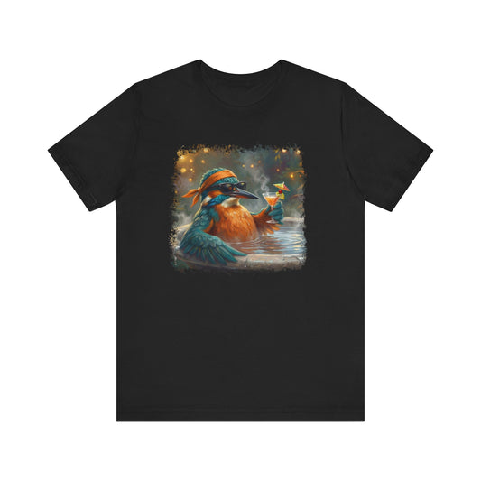 Funny Kingfisher T-Shirt | Bird with Sunglasses & Drink | Unisex Summer Tee