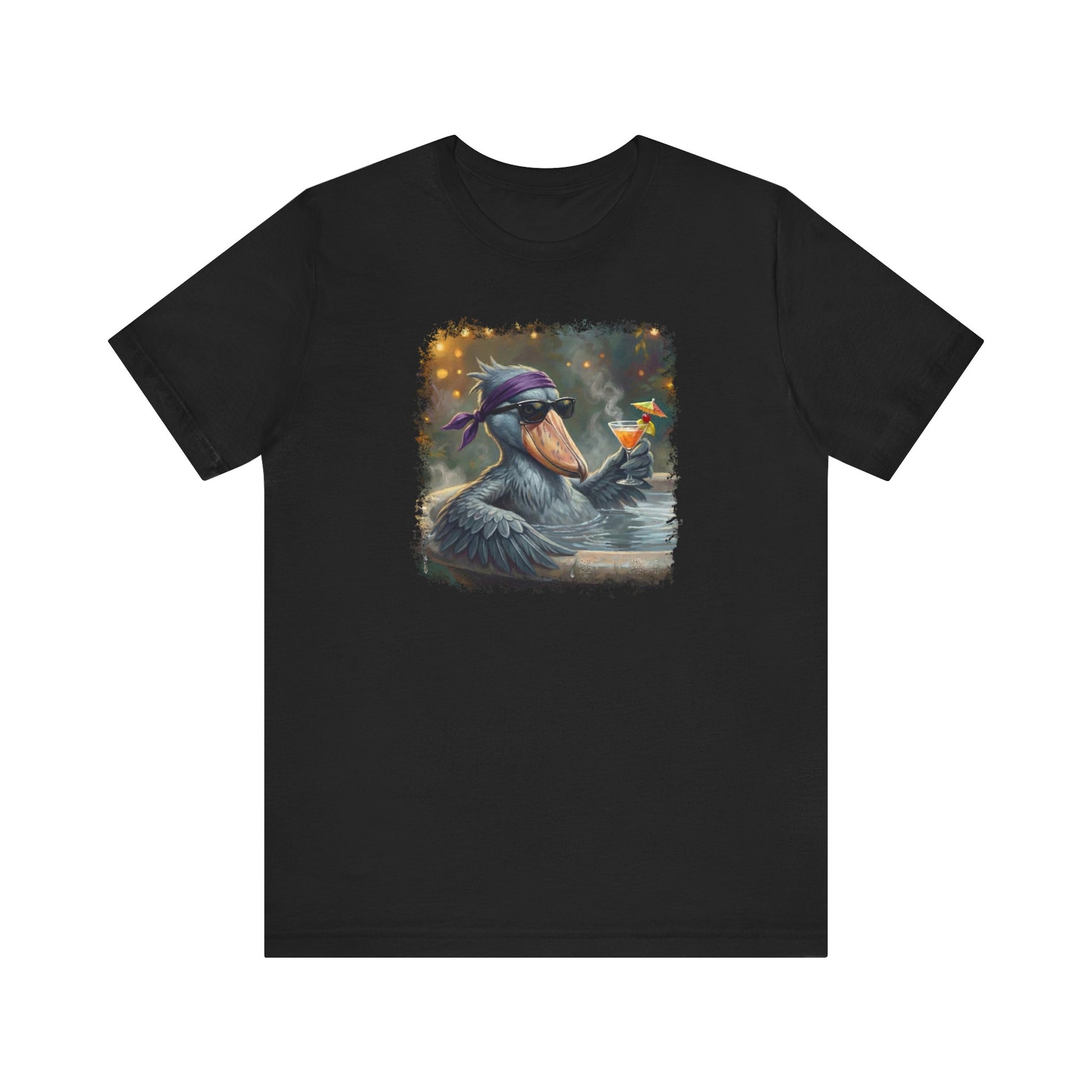 Funny Shoebill T-Shirt | Bird with Sunglasses & Drink | Unisex Summer Tee