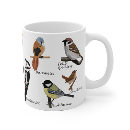Gartenvögel Amsel Rotkehlchen Blaumeise Zaunkönig Gimpel Eisvogel Vogel Tasse