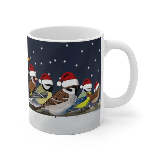 Gartenvögel auf einem Ast Amsel Rotkehlchen Feldsperling im Winter Weihnachten Schnee Vogel Tasse