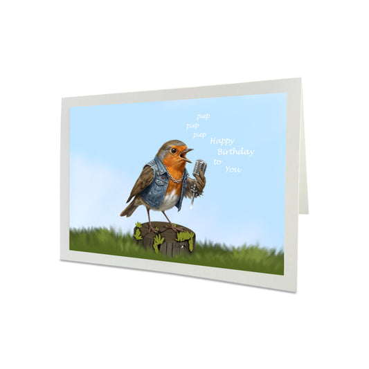 Geburtstagskarte Rotkehlchen singt Happy Birthday – Hochwertige Klappkarte - Inklusive Umschlag