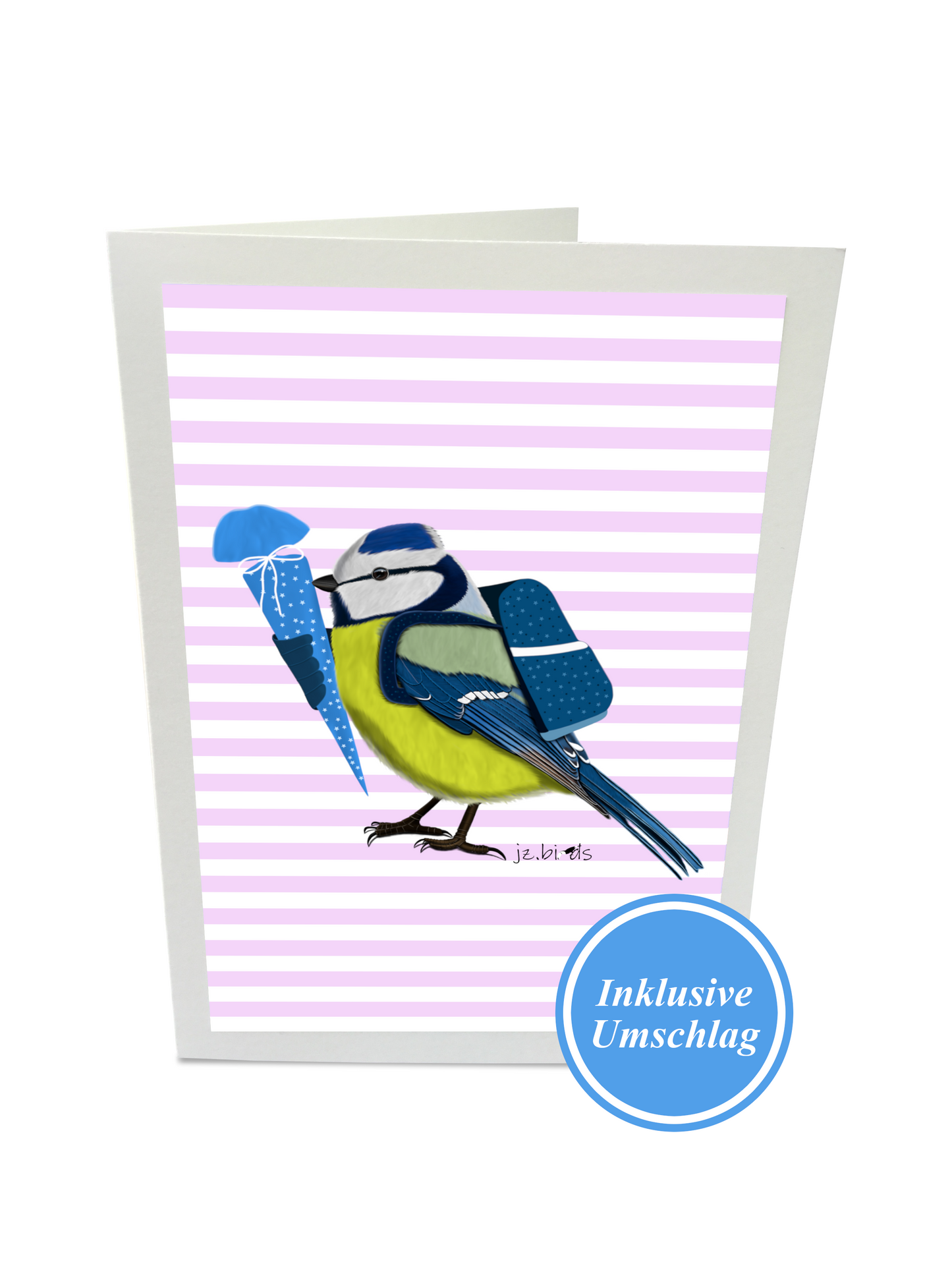 Glückwunschkarte zur Einschulung Blaumeise Vogelmotiv Blau/Rosa zum Schulanfang mit Umschlag