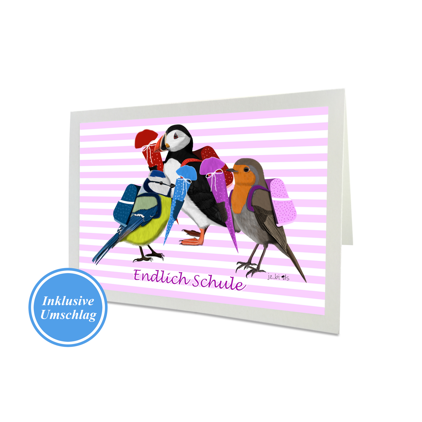 Glückwunschkarte zur Einschulung Rotkehlchen Blaumeise Papageitaucher Vogelmotiv Blau/Rosa zum Schulanfang mit Umschlag