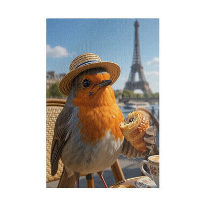 Glossy jigsaw puzzle featuring a digitally painted illustration of a cute bird named Robin Rosi eating a chocolate croissant at a Paris bistro with the Eiffel Tower in the background.