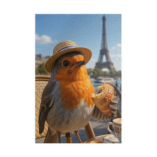 Glossy jigsaw puzzle featuring a digitally painted illustration of a cute bird named Robin Rosi eating a chocolate croissant at a Paris bistro with the Eiffel Tower in the background.