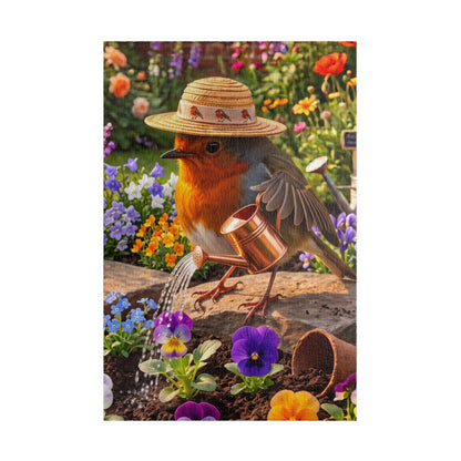 Glossy jigsaw puzzle featuring a digitally painted illustration of a cute bird named Robin Rosi watering colorful flowers with a watering can in a lush garden.
