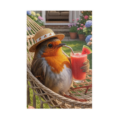 Glossy jigsaw puzzle featuring a digitally painted illustration of a cute robin named Rosi relaxing in a garden hammock with a sun hat and a watermelon smoothie.