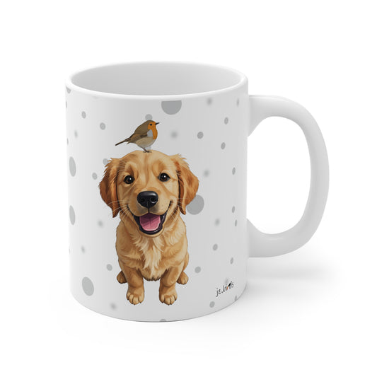 Golden Retriever Tasse mit Rotkehlchen Hund mit Vogel Weiß Grau