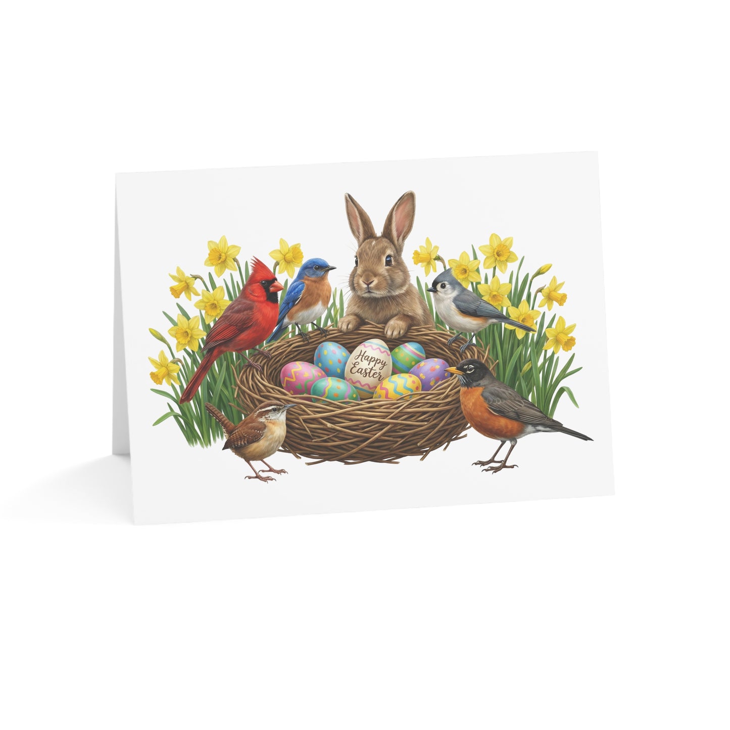 Easter card with a rabbit, birds, and a nest of eggs on a white background