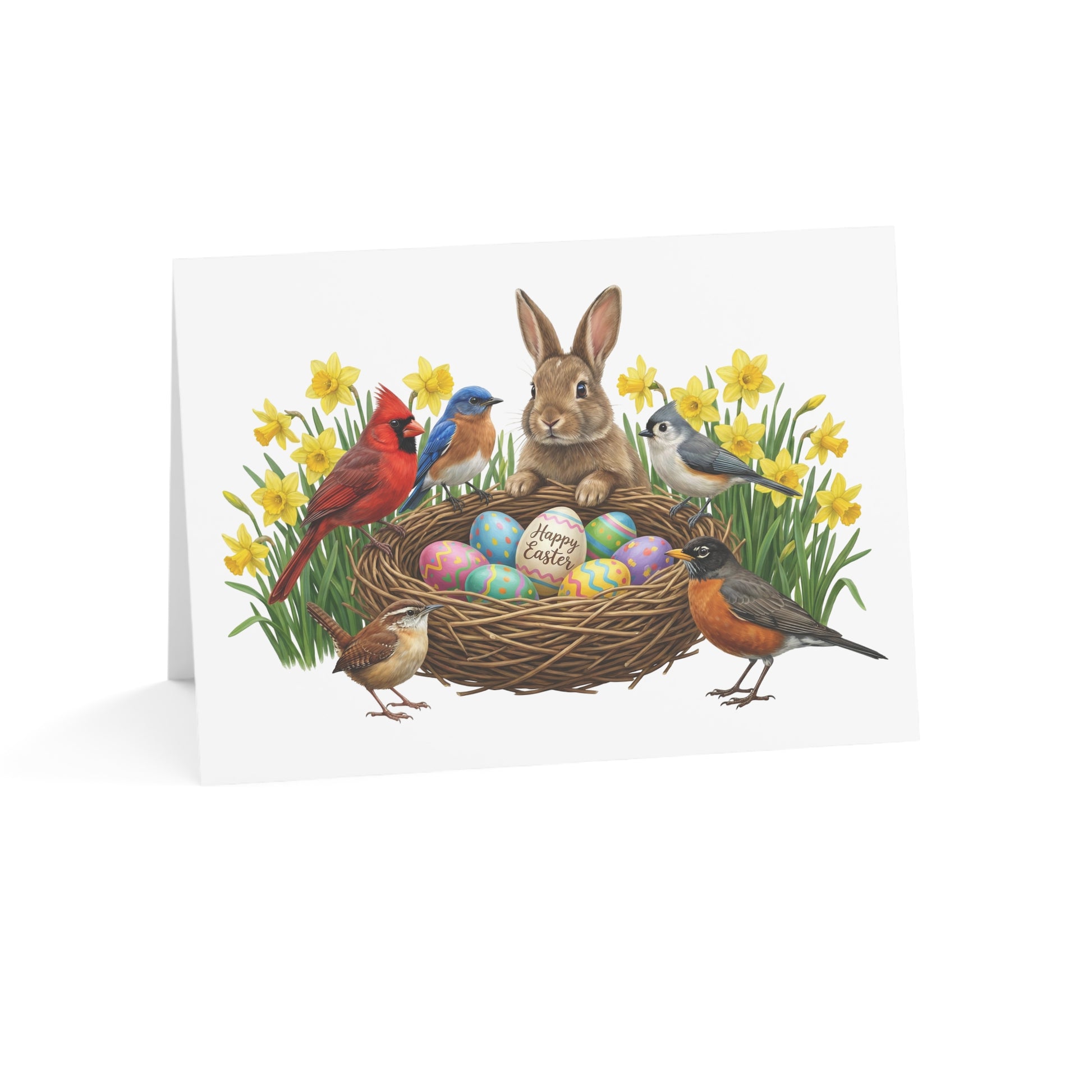 Easter card with a rabbit, birds, and a nest of eggs on a white background