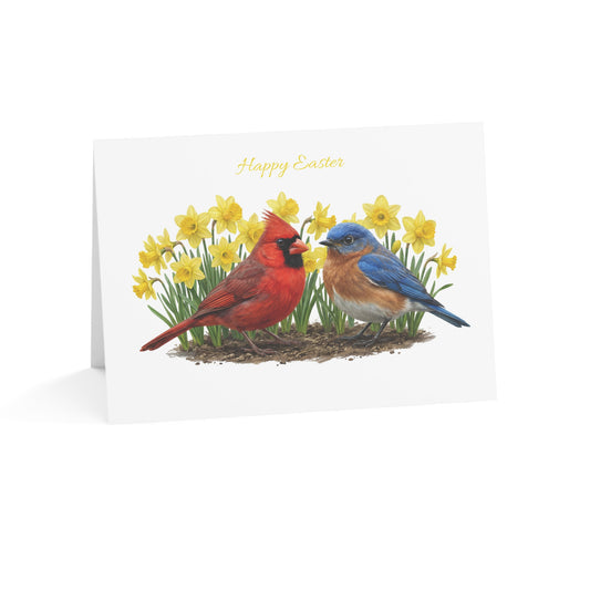 Easter card with two birds, a northern cardinal and eastern bluebird, and yellow daffodils on a white background.