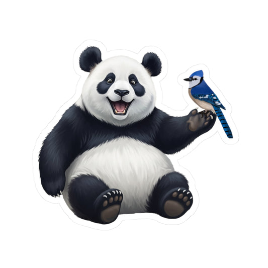 Happy Panda Bear with Blue Jay Sticker for Bird Watchers and Animal Lovers