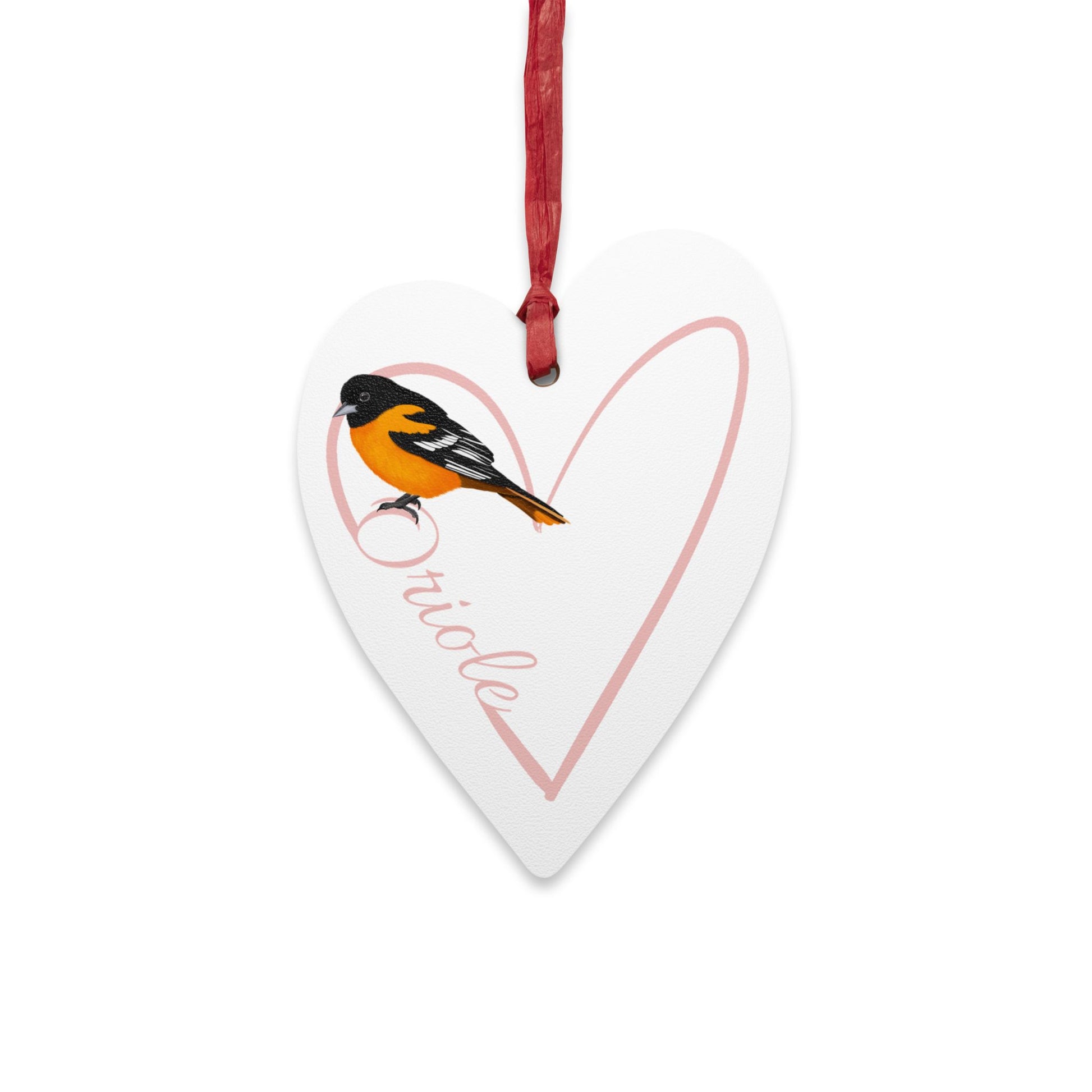Heart-Shaped Wooden Ornament with Baltimore Oriole - Perfect for Bird Lovers