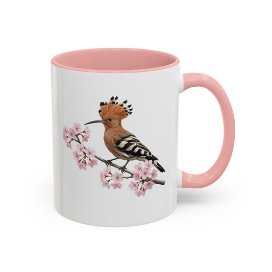 Hoopoe Cherry Blossom Mug | Pink Ceramic Coffee Cup for Bird Lovers