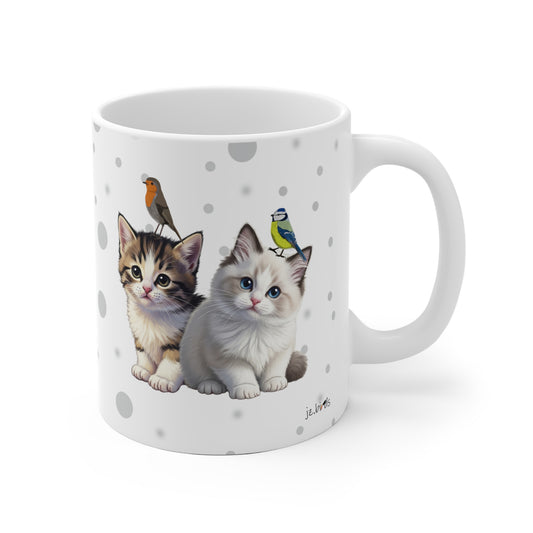 Katzenbabys Kätzchen Tasse mit Rotkehlchen und Blaumeise Tiermotiv Punkte Grau