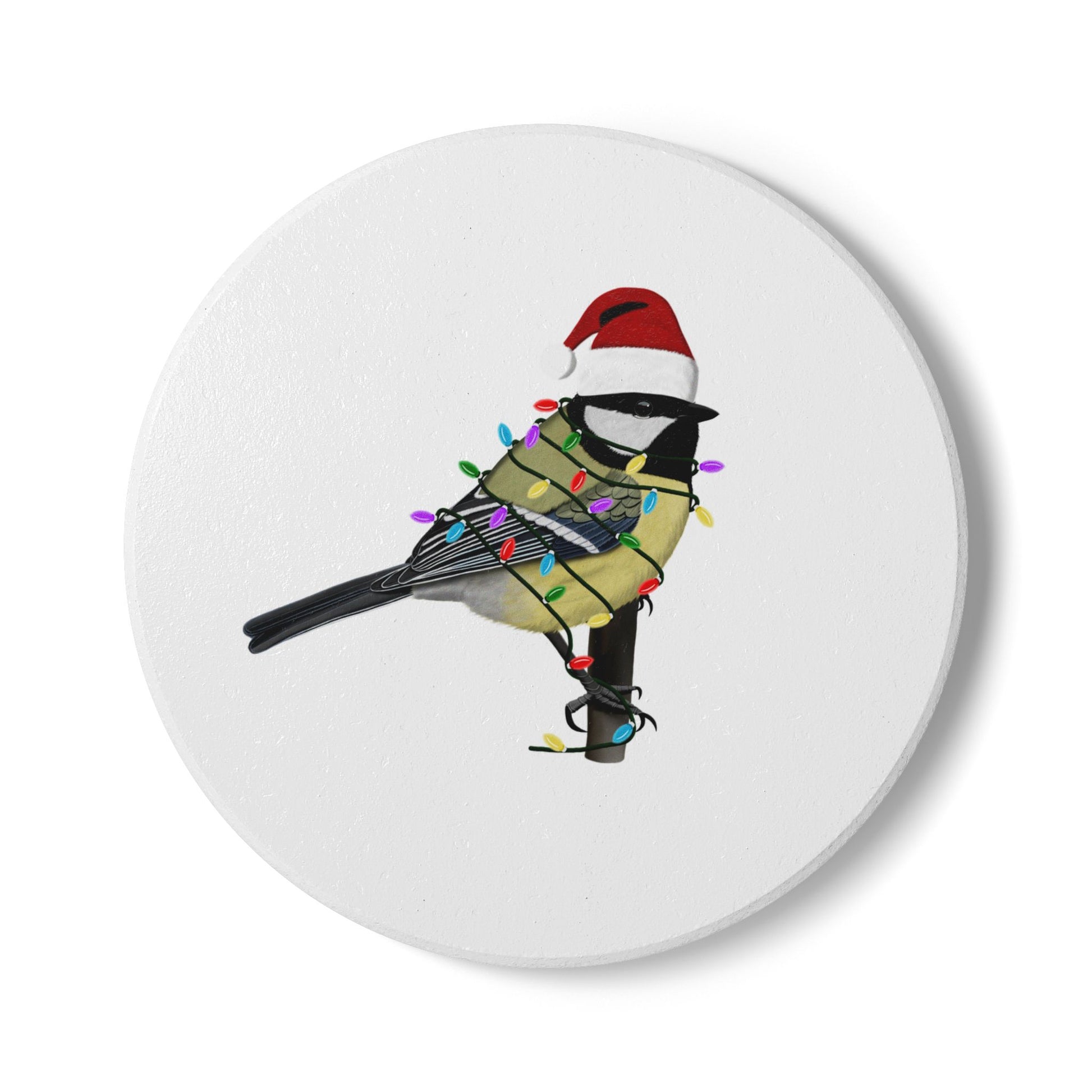 Keramik-Untersetzer Kohlmeise als Weihnachtsmann mit Lichterkette Weihnachtliches Vogel-Motiv