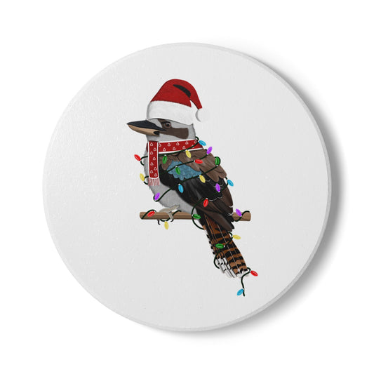 Keramik-Untersetzer Kookaburra als Weihnachtsmann mit Lichterkette Weihnachtliches Vogel-Motiv