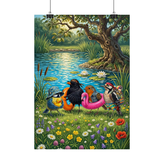 Kinderzimmer Poster "Sommer am Teich" – Lustiges Tier Wandbild | Coole Kinder Deko Urlaub & Strand