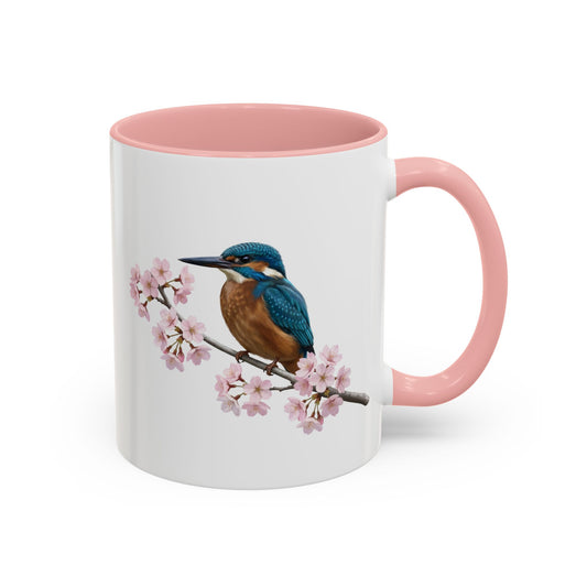 Kingfisher Cherry Blossom Mug | Pink Ceramic Coffee Cup for Bird Lovers