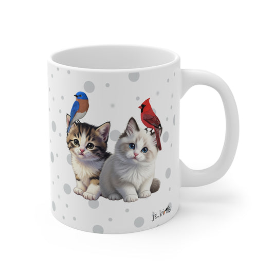 Kitten with Birds Cat Mug 11oz for Cat Lovers & Bird Watchers